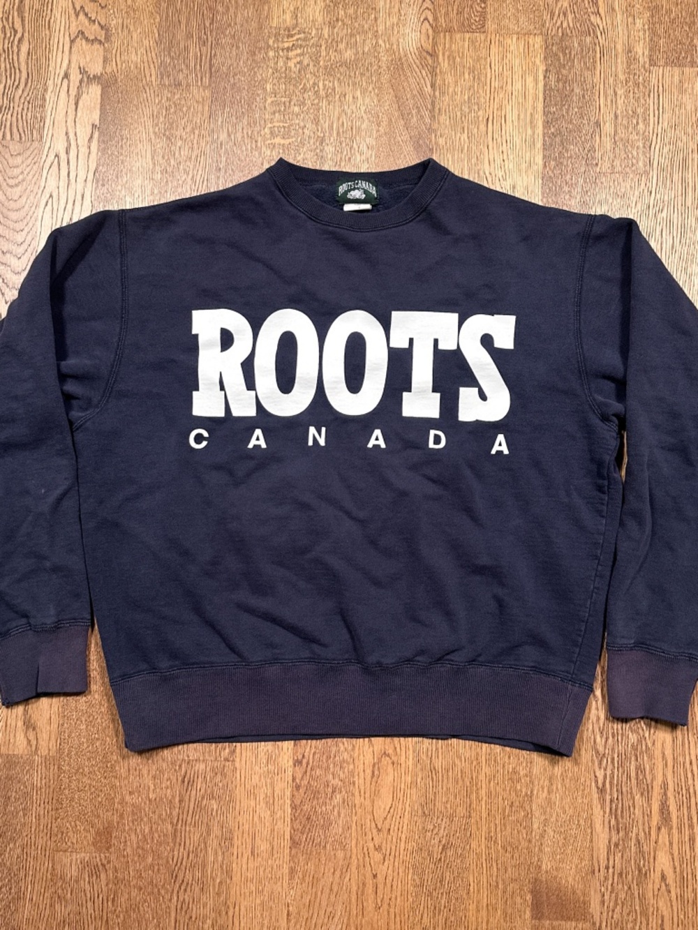 Vintage 90s Roots Made in Canada Big Logo Navy Fleece Sweatshirt Mens Medium